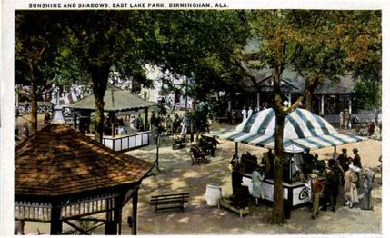 Postcard showing "Sunshine and Shadows" amid the park stalls, c. 1910s