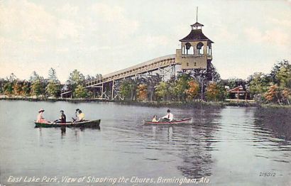 Postcard view of the "Shoot the Chute" ride as seen from the lake